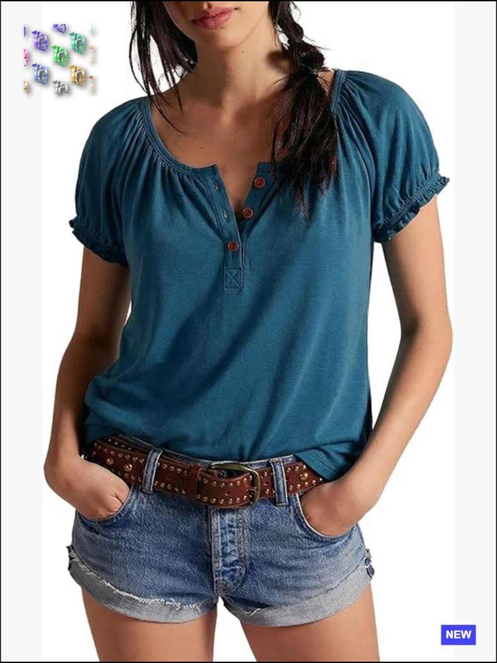 Scoop Neck Ruffle Sleeve Henley Shirt Loose Fit Summer Blouse